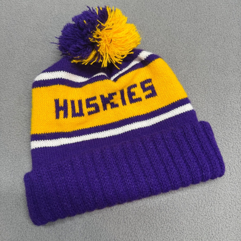 Vtg Washington UDub UW Huskies Wolf Beanie Hat Pom Pom USA Purple Gold Sz Adult